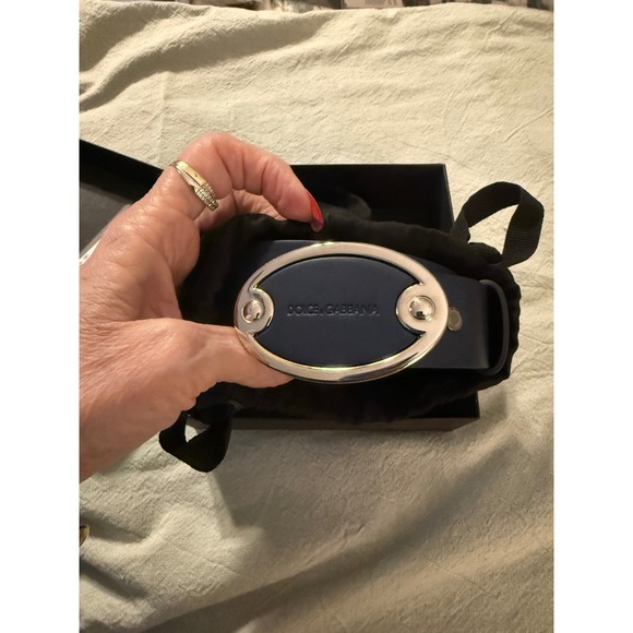 Dolce & Gabbana Accessories - Dolce & Gabbana Navy Blue Vitello Dauphine Leather Belt Silver Oval Buckle NEW